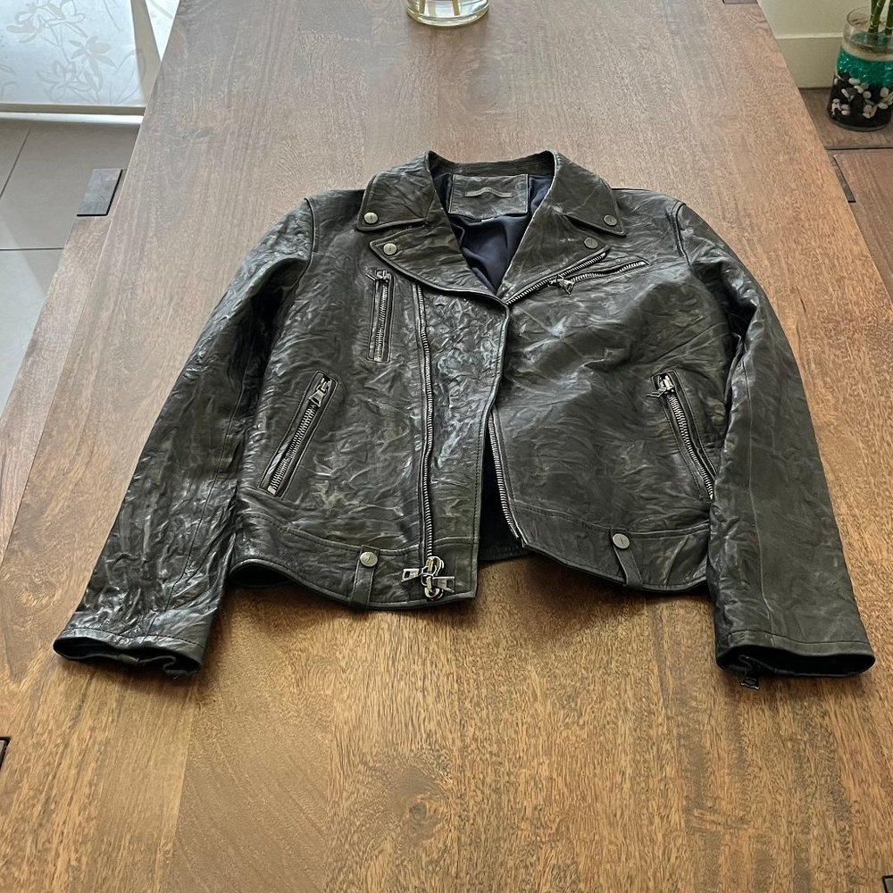 John Varvatos Wrinkled Leather Biker Jacket Indigo 50 EU